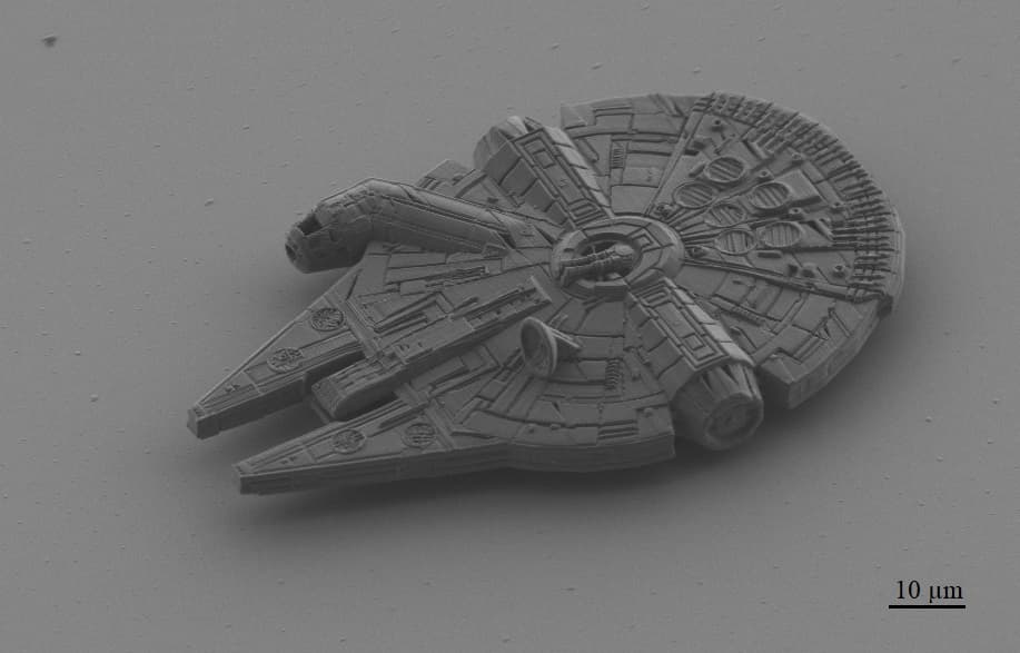 Close-up photo of a printed Millenium Falcon only about 100 µm wide