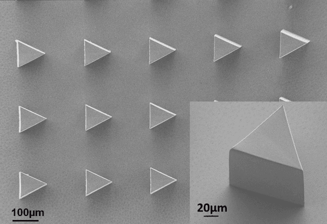 These 100-microns-wide prisms were printed with OrmoBio, exhibiting a very high surface smoothness which is mandatory for micro-optics applications