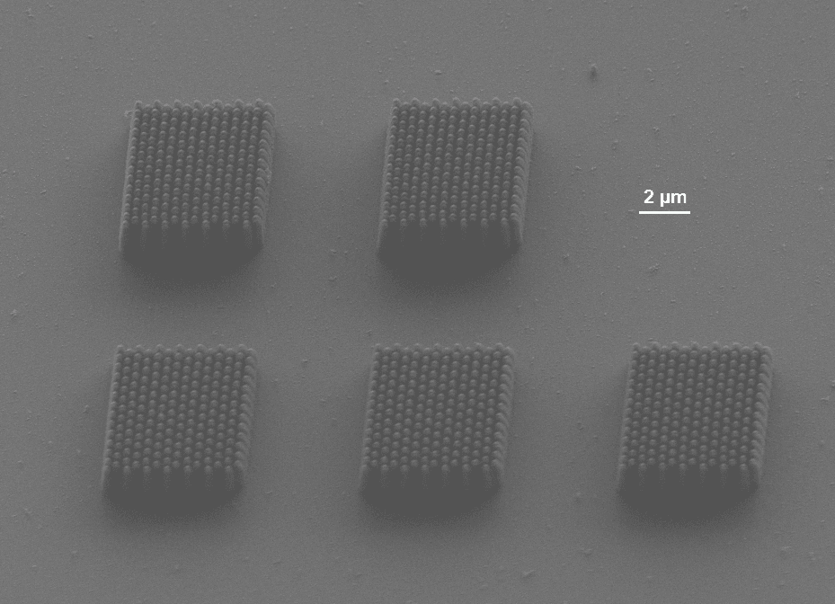 These 150-nm-wide nanopillars were printed with UV-Gel for hydrophobic surfaces applications